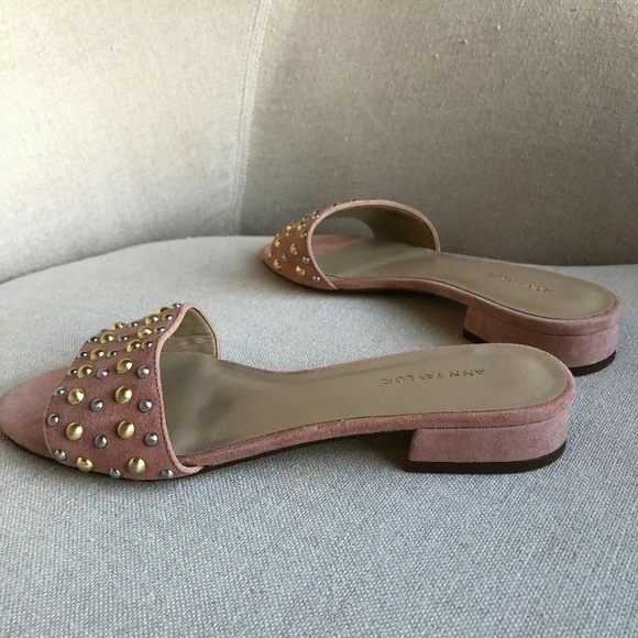 NEW ANN TAYLOR 6.5 Fleur Suede Studded Slides Pink - Picture 3 of 6
